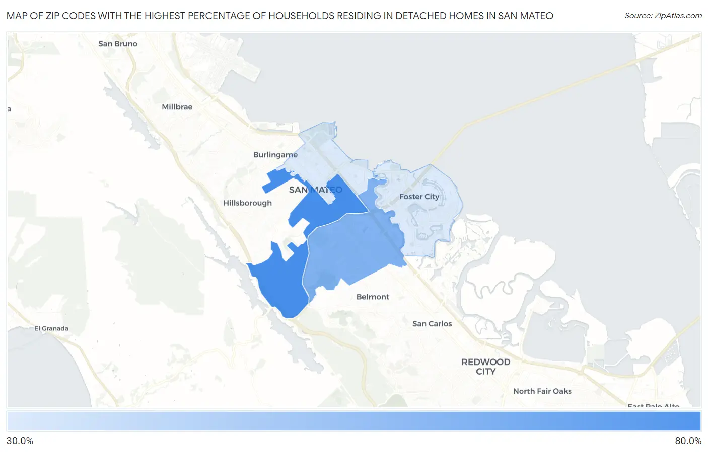 Zip Codes with the Highest Percentage of Households Residing in Detached Homes in San Mateo Map