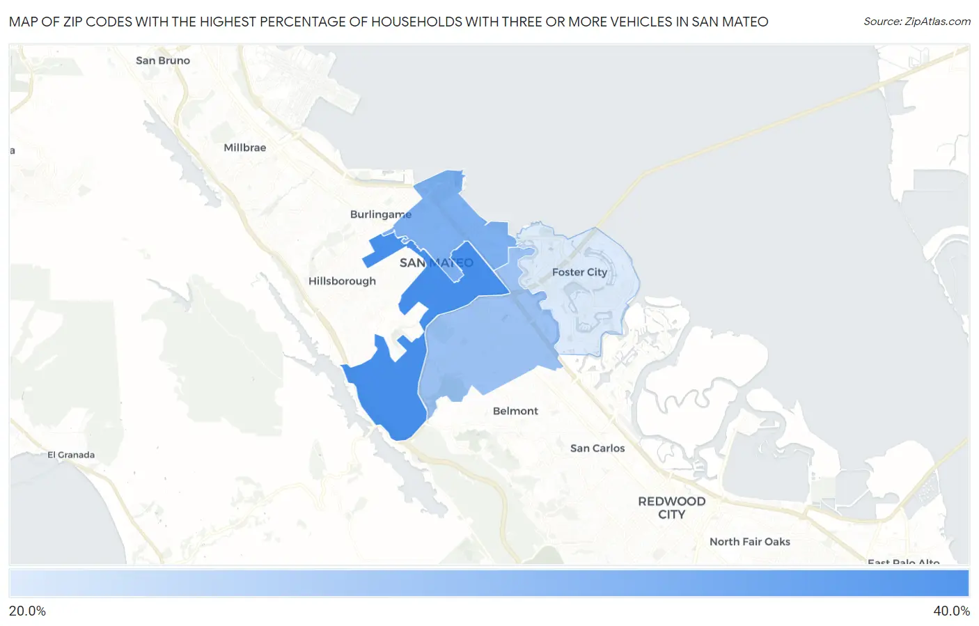 Zip Codes with the Highest Percentage of Households With Three or more Vehicles in San Mateo Map