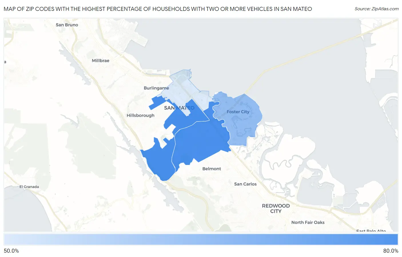 Zip Codes with the Highest Percentage of Households With Two or more Vehicles in San Mateo Map