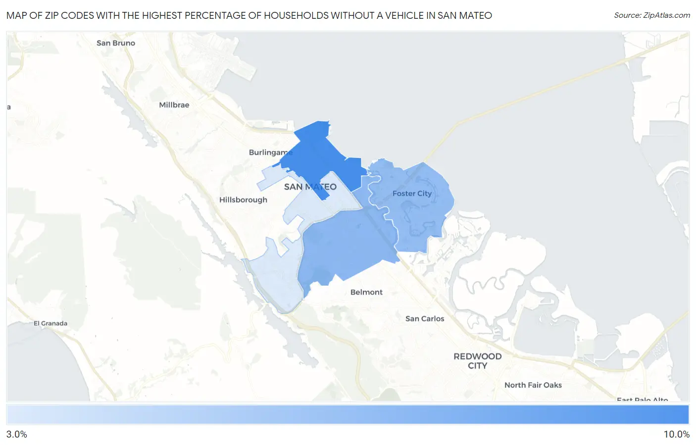 Zip Codes with the Highest Percentage of Households Without a Vehicle in San Mateo Map