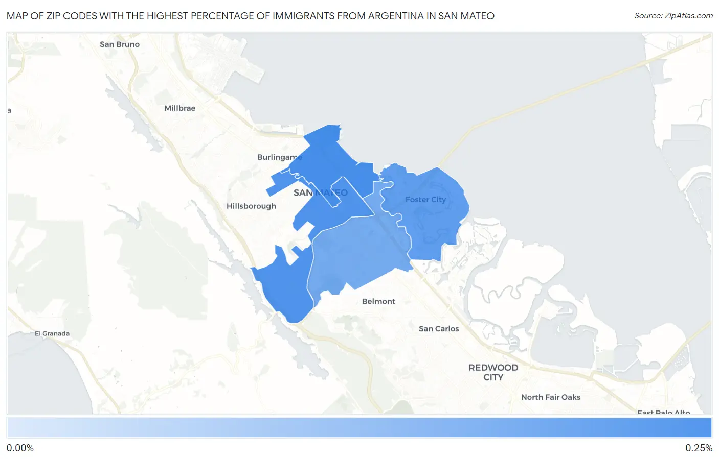 Zip Codes with the Highest Percentage of Immigrants from Argentina in San Mateo Map
