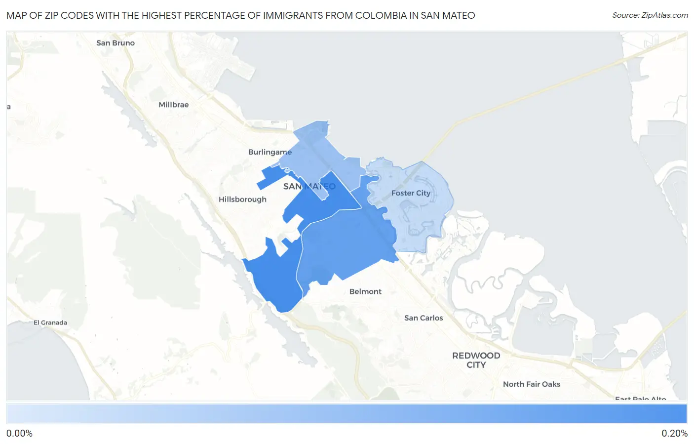 Zip Codes with the Highest Percentage of Immigrants from Colombia in San Mateo Map