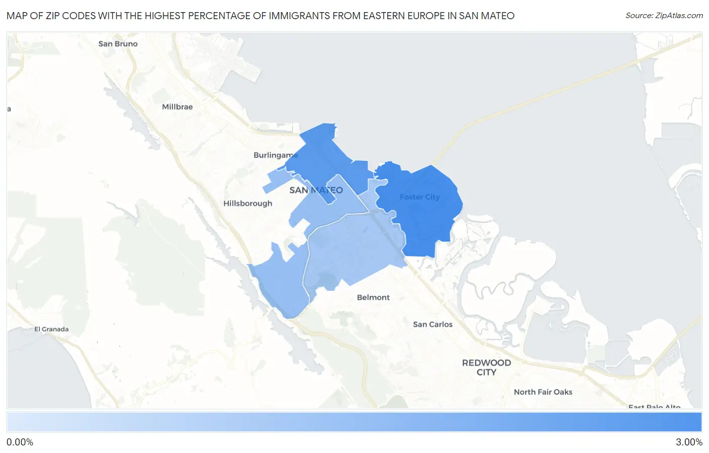 Zip Codes with the Highest Percentage of Immigrants from Eastern Europe in San Mateo Map