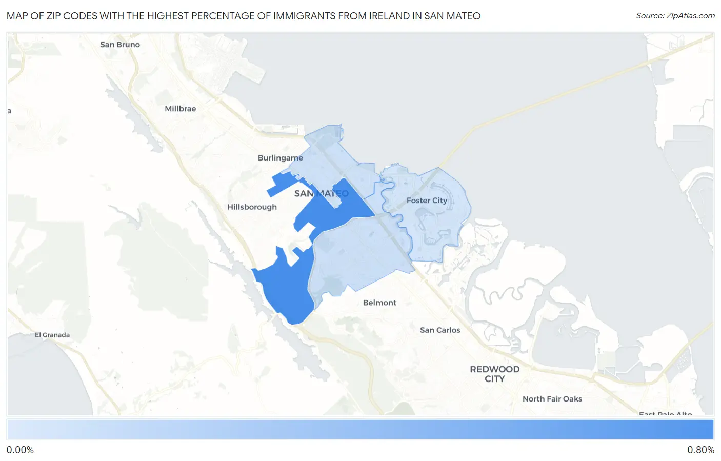 Zip Codes with the Highest Percentage of Immigrants from Ireland in San Mateo Map