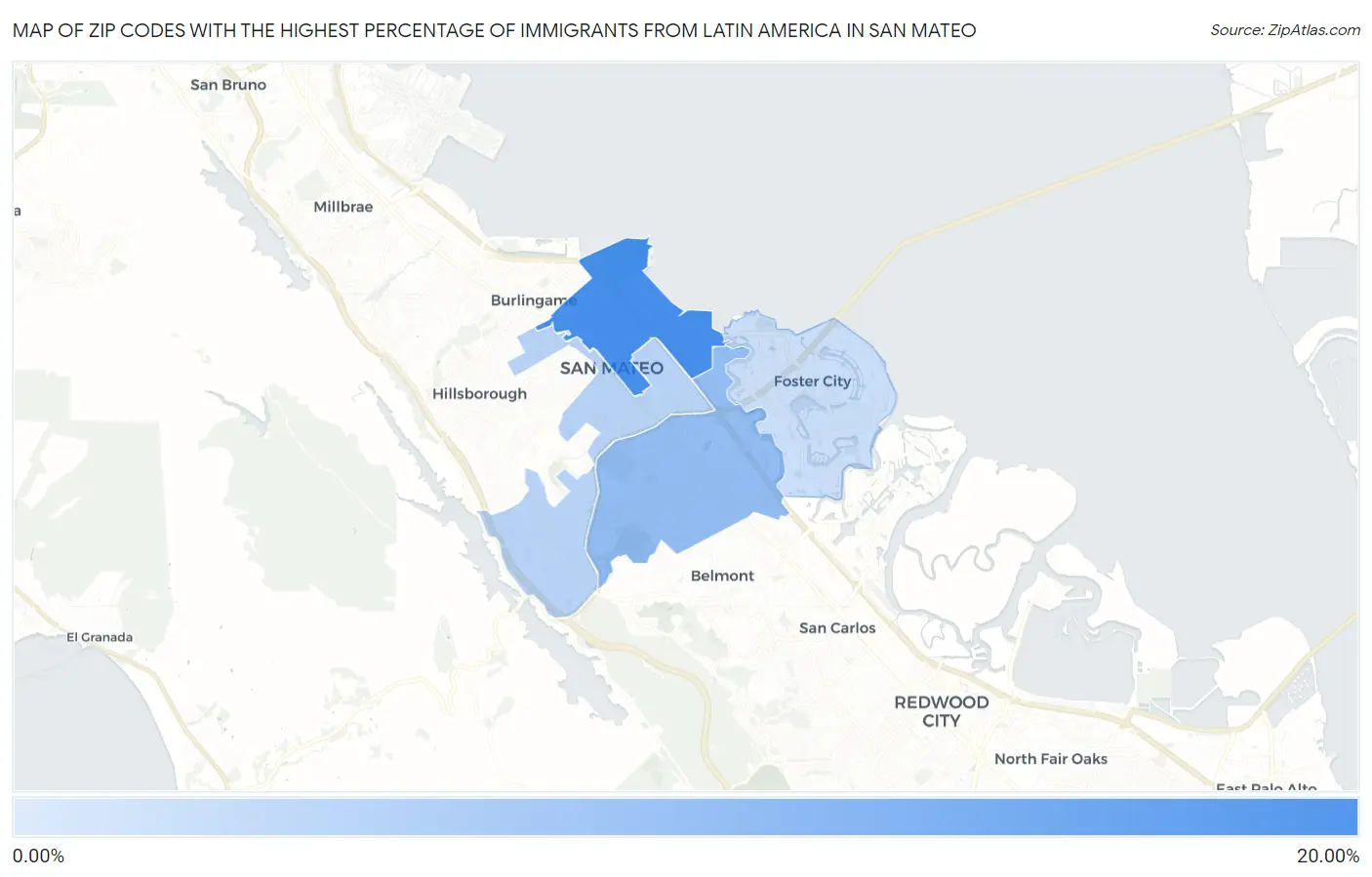 Zip Codes with the Highest Percentage of Immigrants from Latin America in San Mateo Map