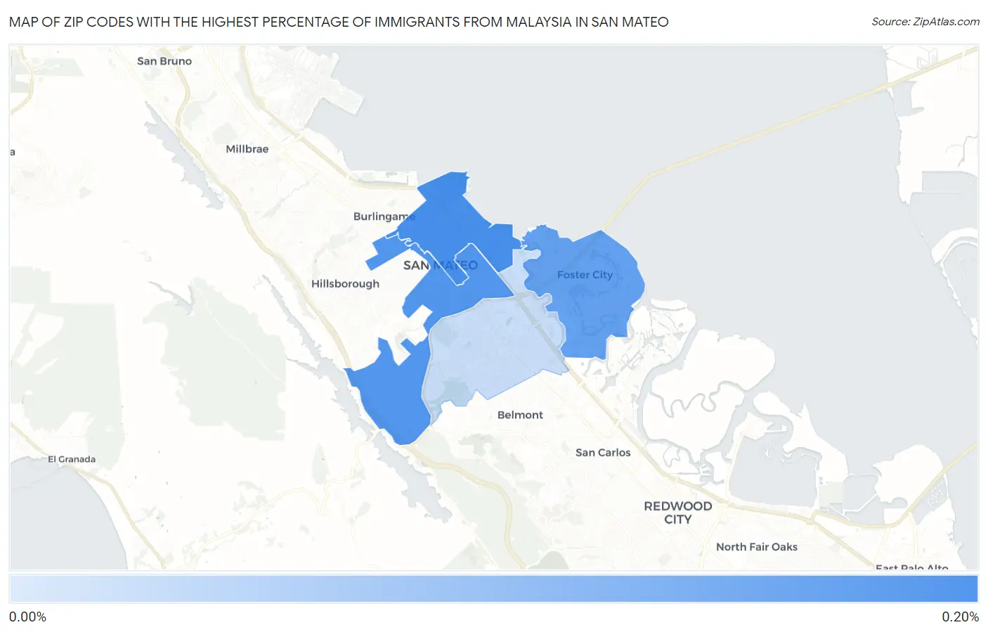 Zip Codes with the Highest Percentage of Immigrants from Malaysia in San Mateo Map
