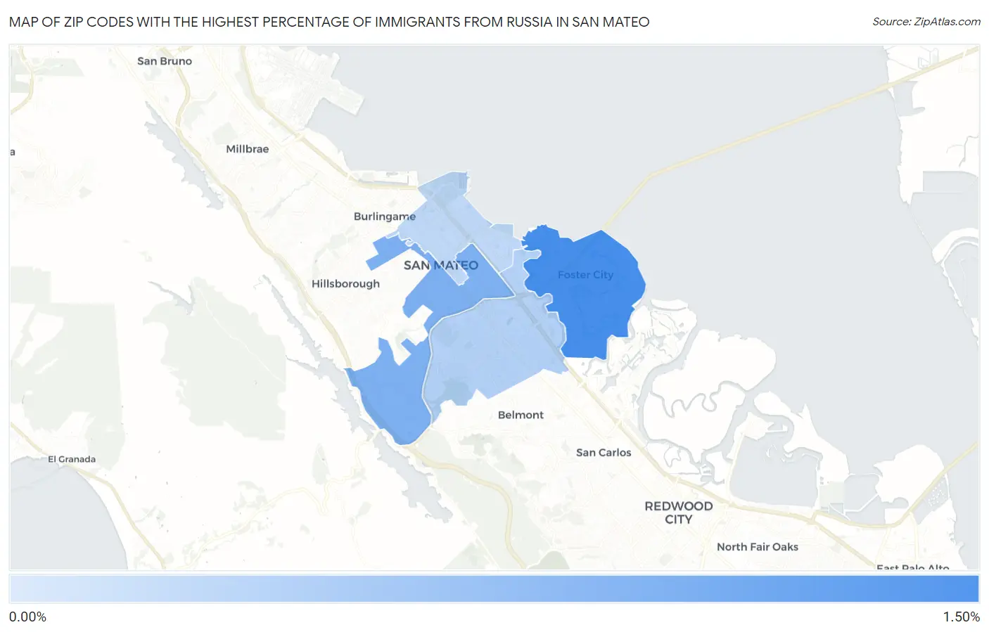 Zip Codes with the Highest Percentage of Immigrants from Russia in San Mateo Map