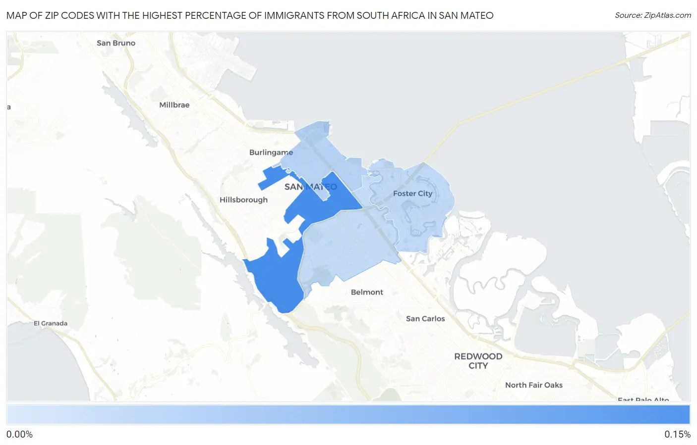Zip Codes with the Highest Percentage of Immigrants from South Africa in San Mateo Map