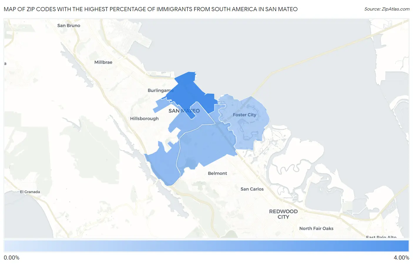 Zip Codes with the Highest Percentage of Immigrants from South America in San Mateo Map