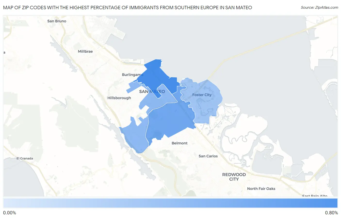 Zip Codes with the Highest Percentage of Immigrants from Southern Europe in San Mateo Map