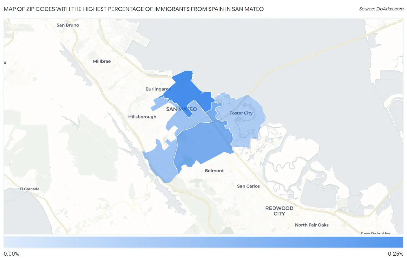 Zip Codes with the Highest Percentage of Immigrants from Spain in San Mateo Map