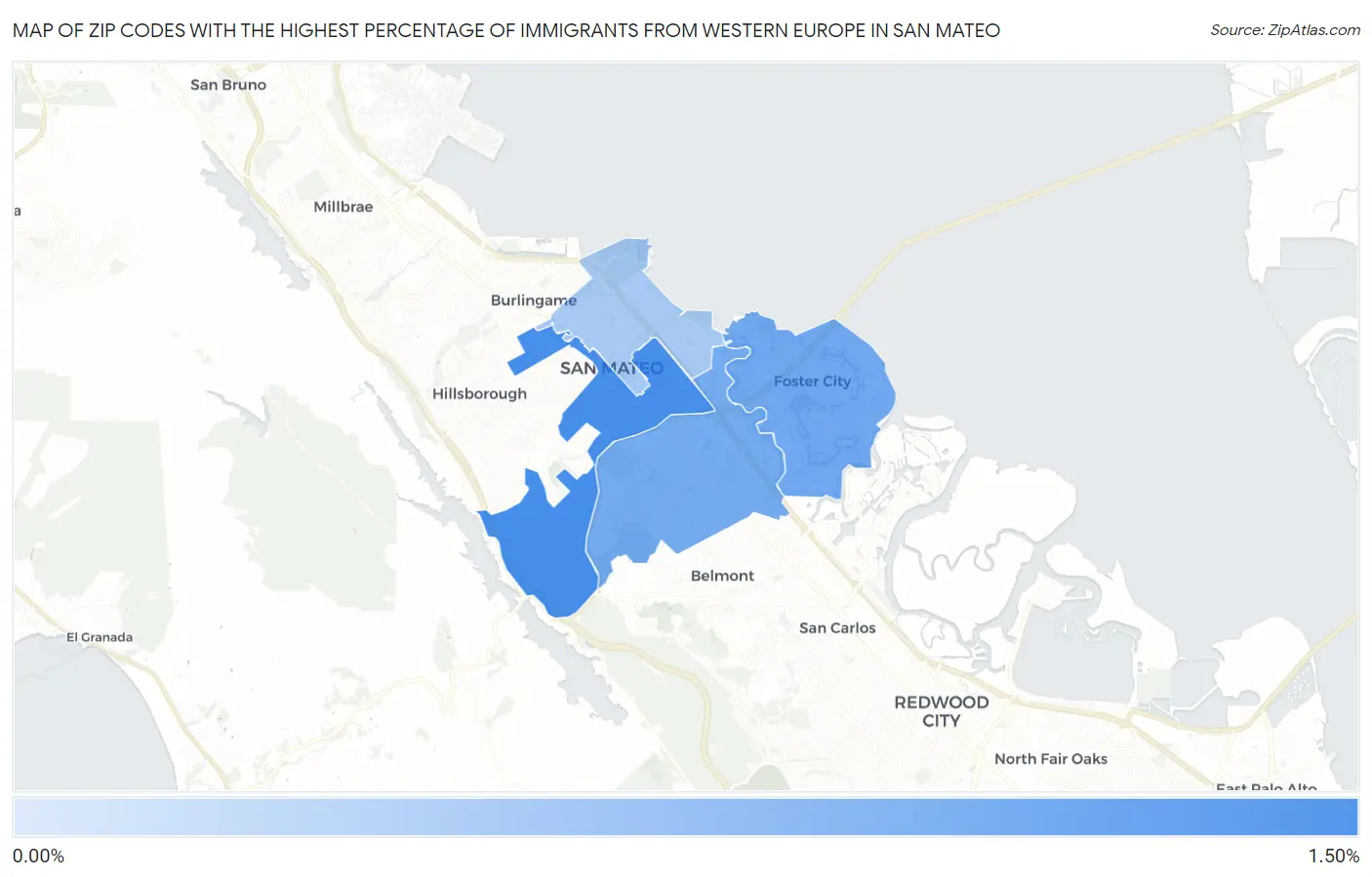Zip Codes with the Highest Percentage of Immigrants from Western Europe in San Mateo Map