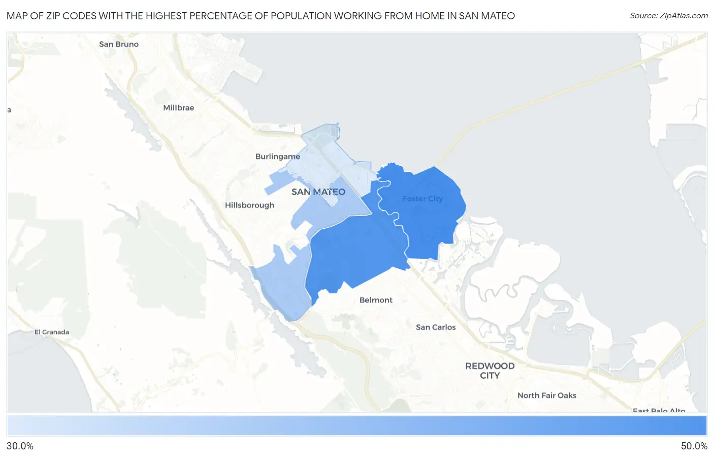 Zip Codes with the Highest Percentage of Population Working from Home in San Mateo Map