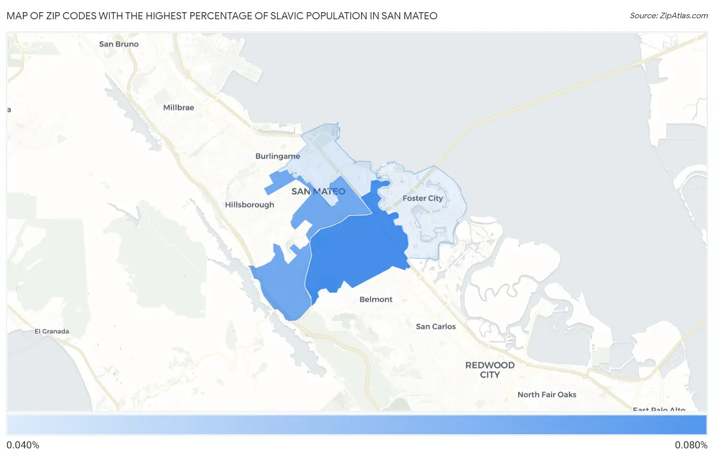 Zip Codes with the Highest Percentage of Slavic Population in San Mateo Map