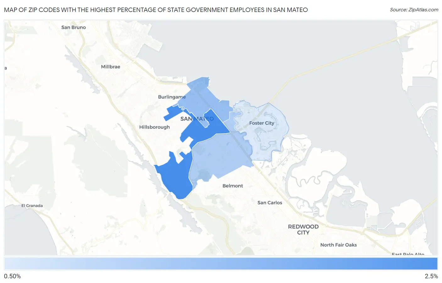 Zip Codes with the Highest Percentage of State Government Employees in San Mateo Map