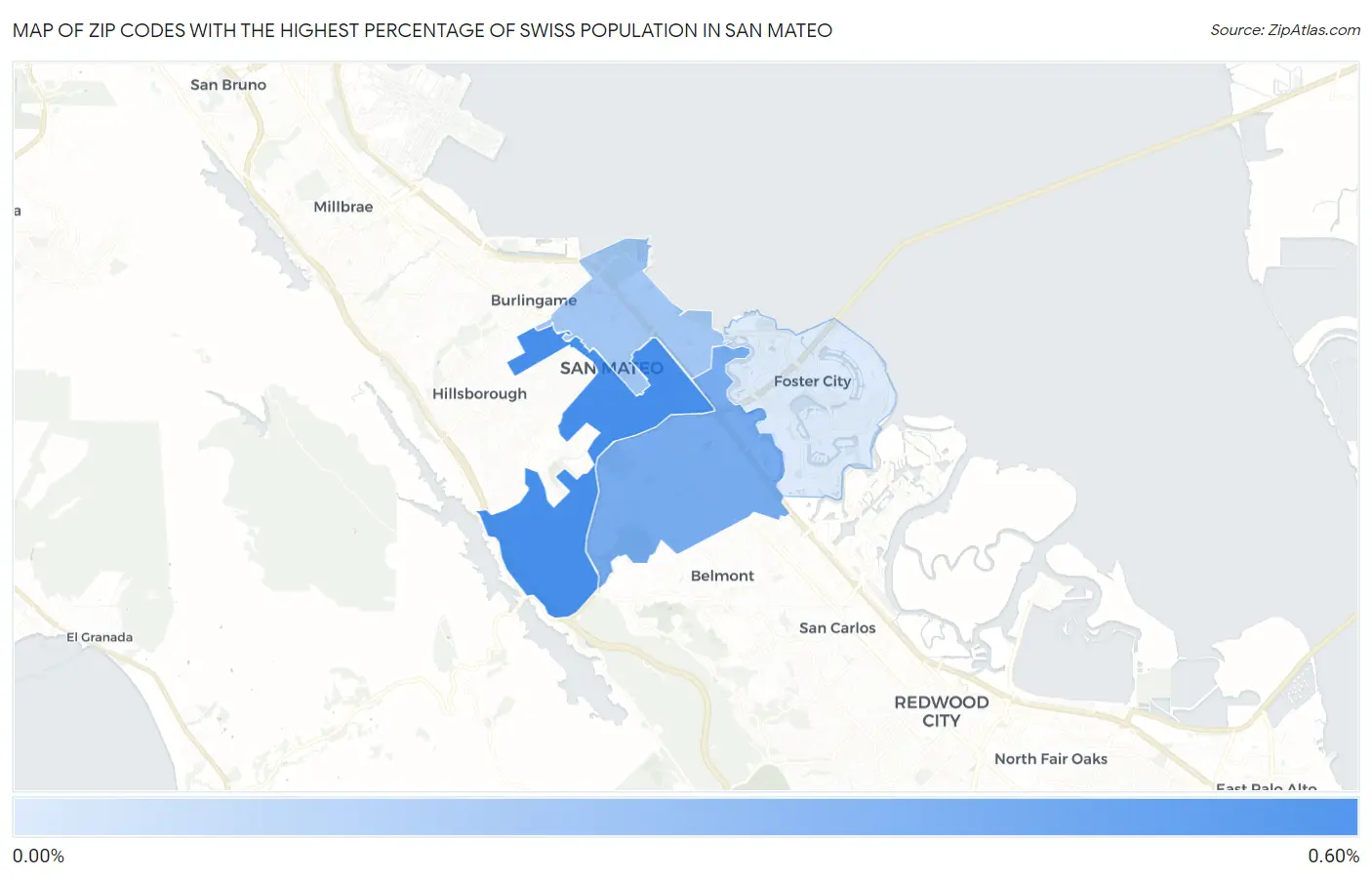 Zip Codes with the Highest Percentage of Swiss Population in San Mateo Map
