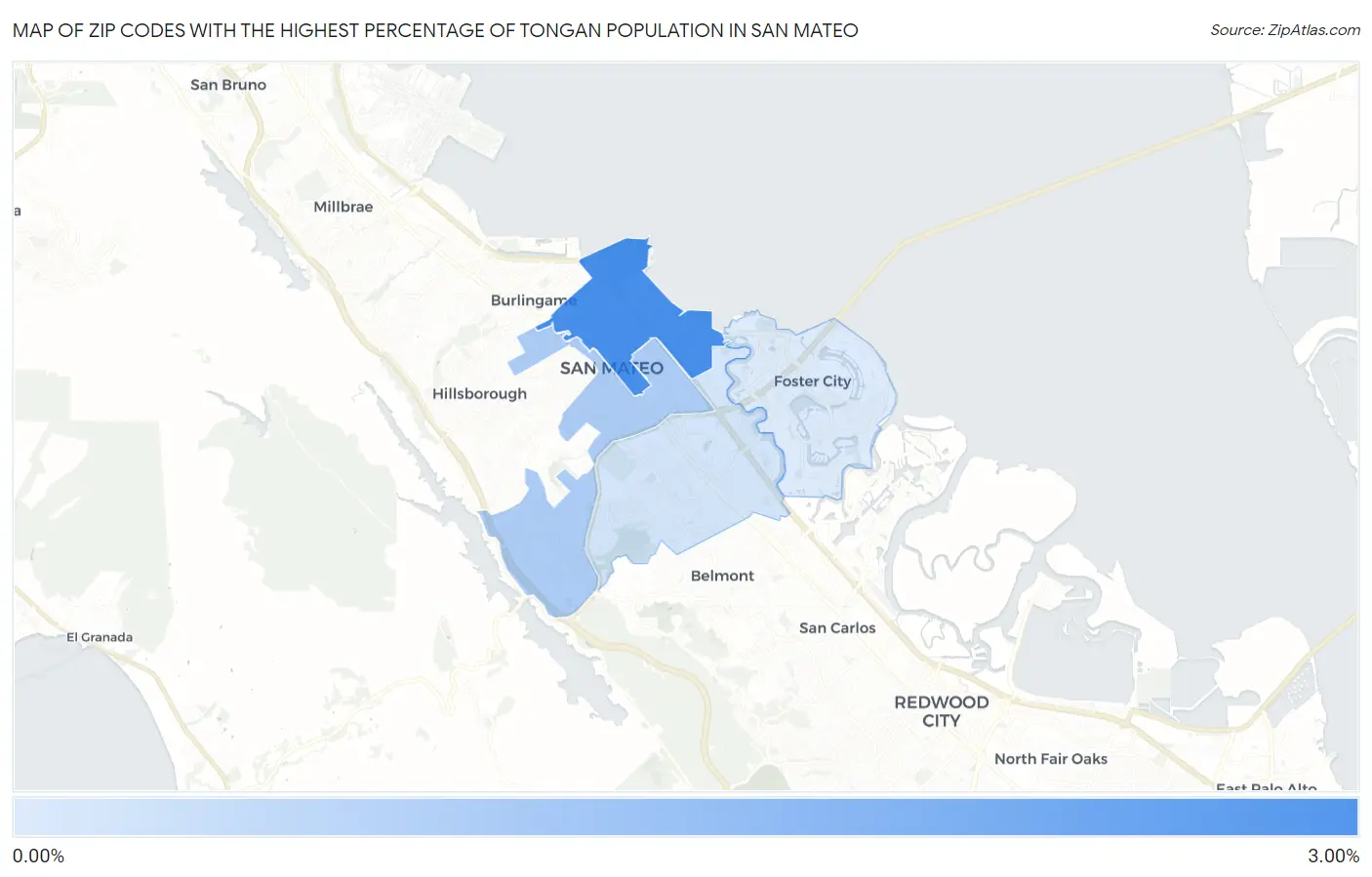 Zip Codes with the Highest Percentage of Tongan Population in San Mateo Map