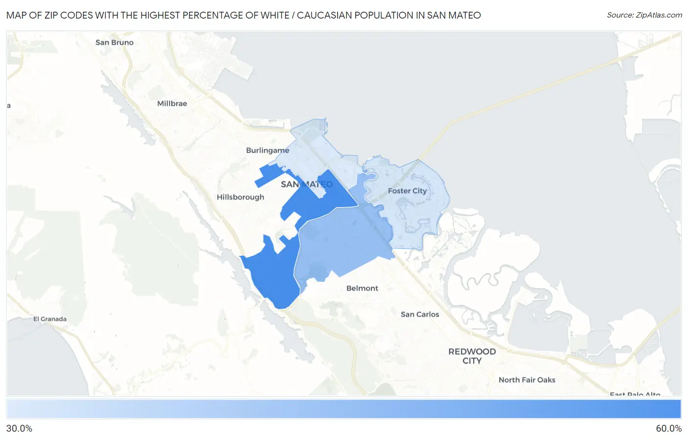 Zip Codes with the Highest Percentage of White / Caucasian Population in San Mateo Map