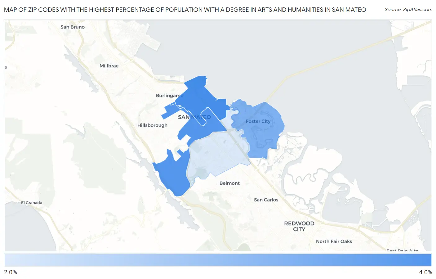 Zip Codes with the Highest Percentage of Population with a Degree in Arts and Humanities in San Mateo Map