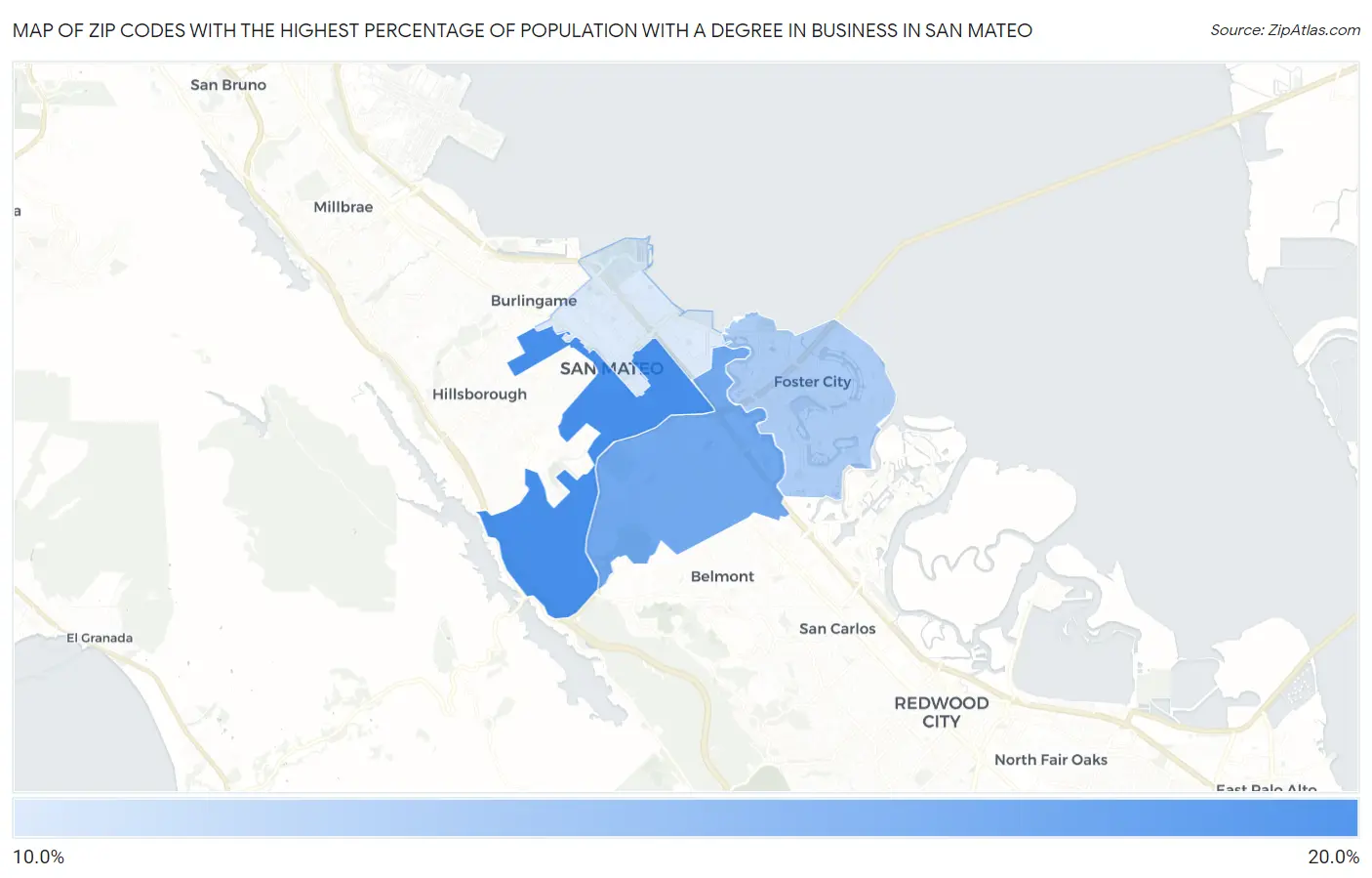 Zip Codes with the Highest Percentage of Population with a Degree in Business in San Mateo Map