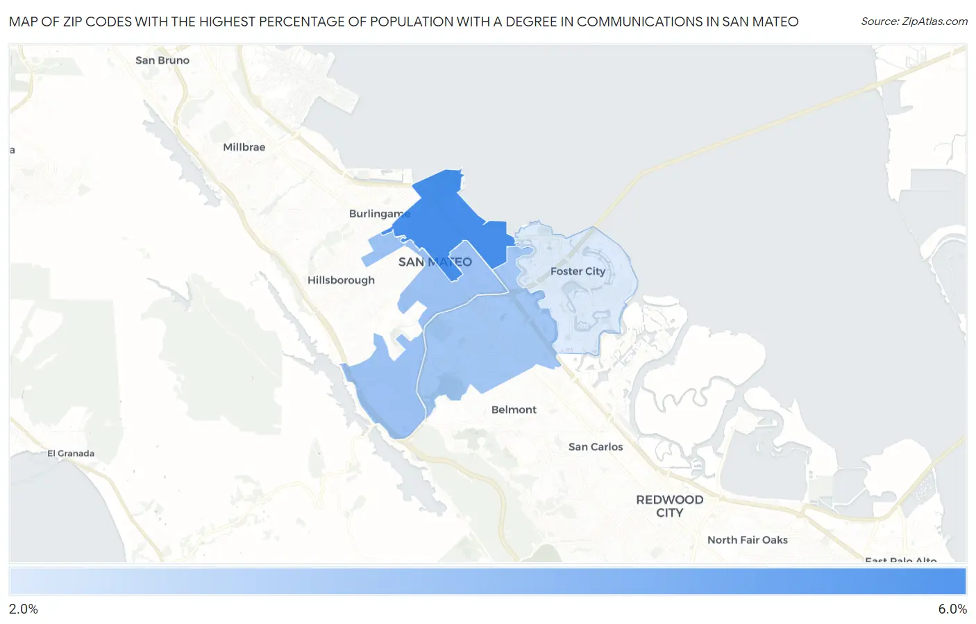 Zip Codes with the Highest Percentage of Population with a Degree in Communications in San Mateo Map