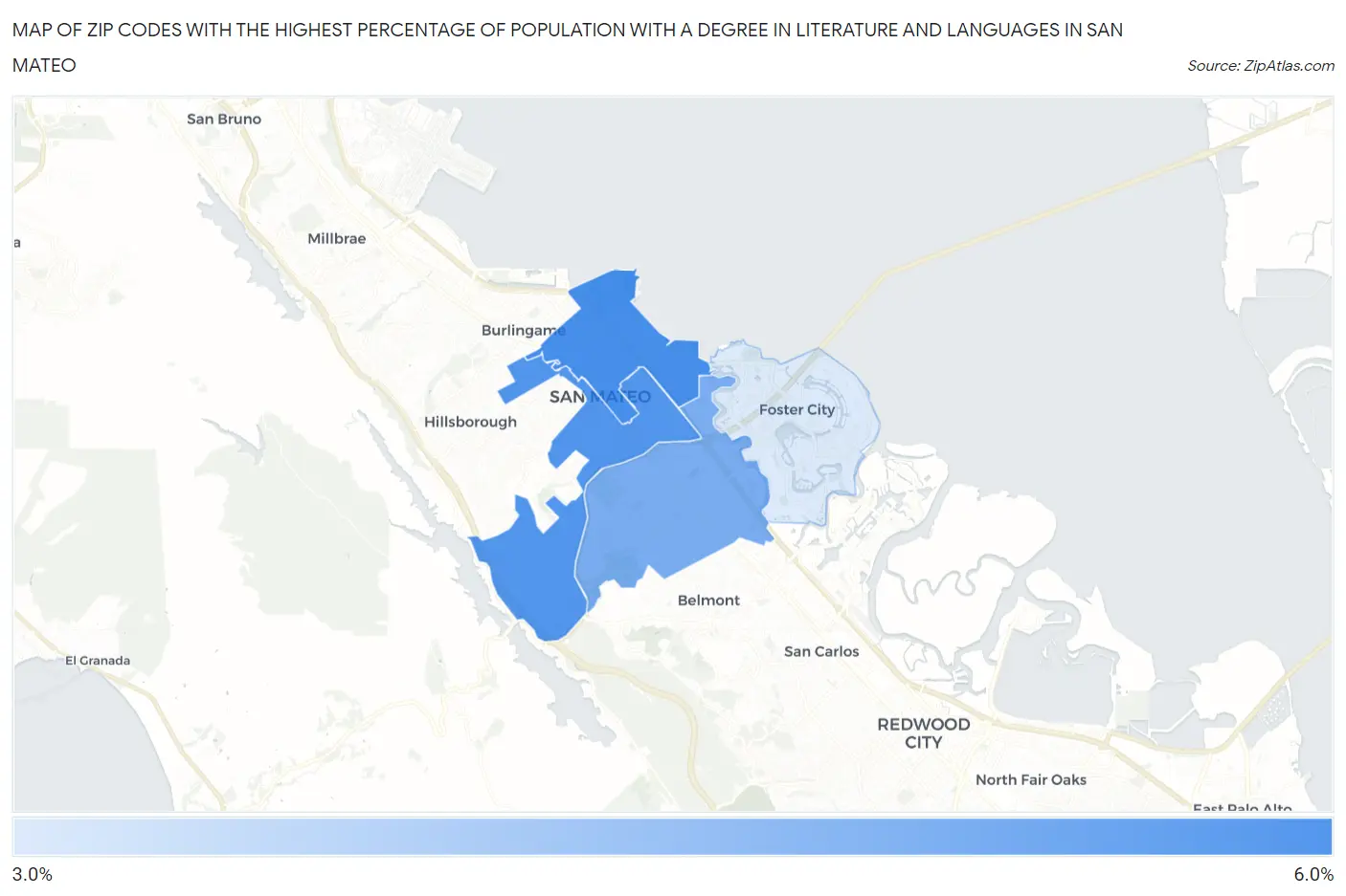 Zip Codes with the Highest Percentage of Population with a Degree in Literature and Languages in San Mateo Map