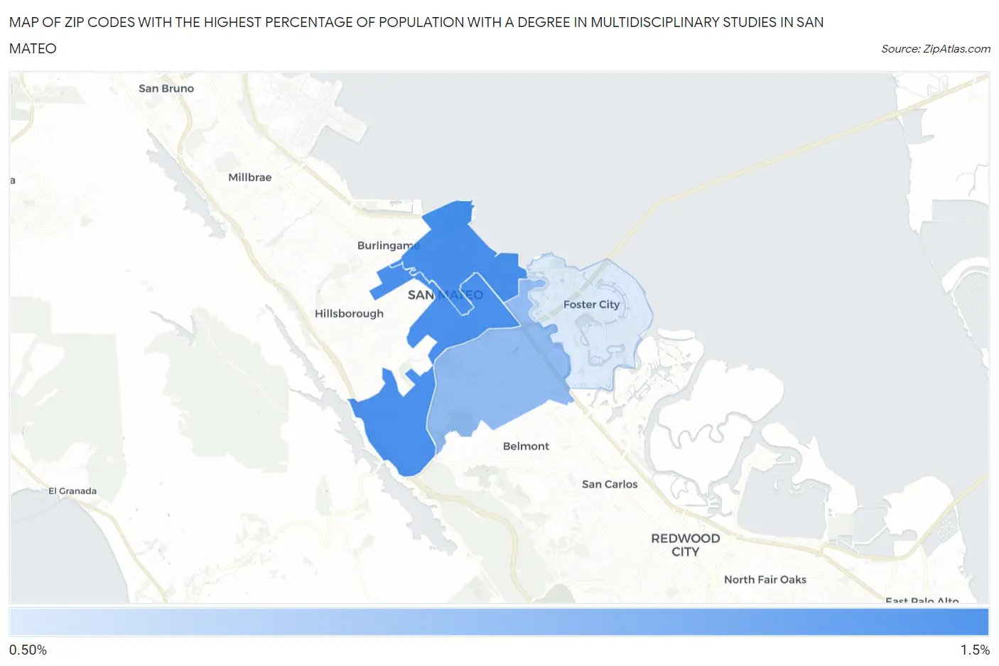 Zip Codes with the Highest Percentage of Population with a Degree in Multidisciplinary Studies in San Mateo Map