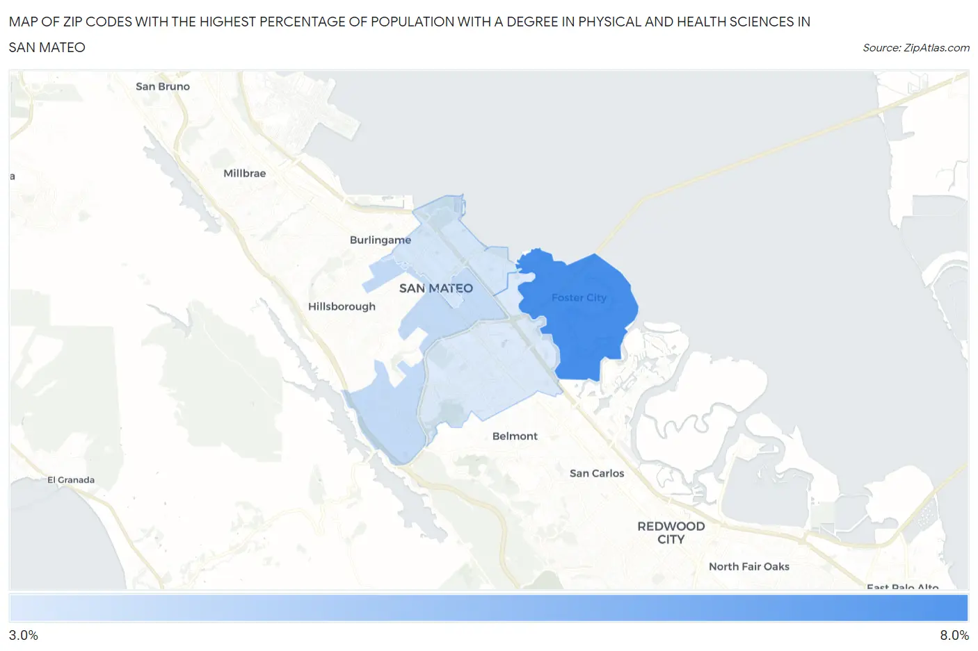 Zip Codes with the Highest Percentage of Population with a Degree in Physical and Health Sciences in San Mateo Map