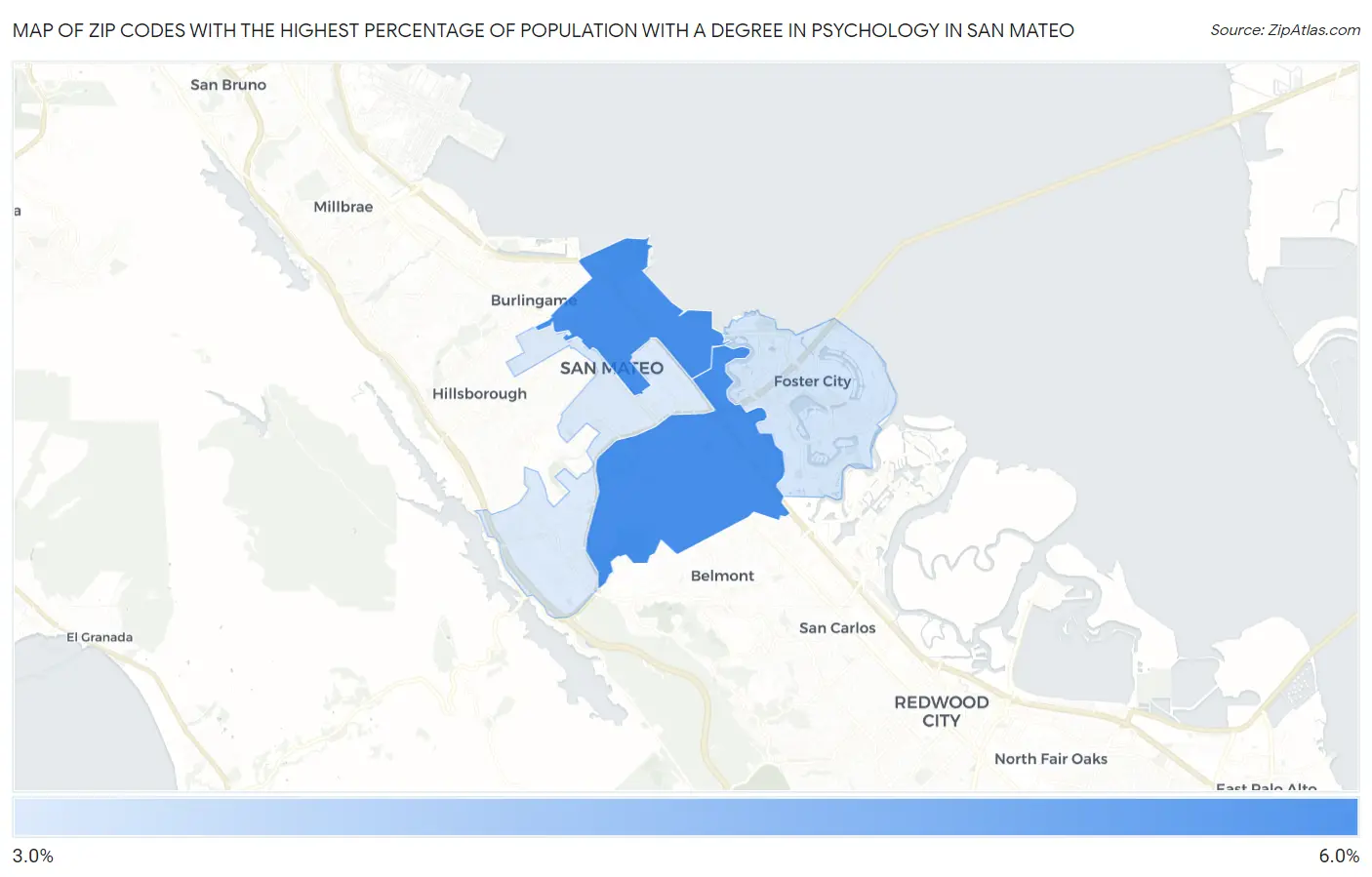 Zip Codes with the Highest Percentage of Population with a Degree in Psychology in San Mateo Map