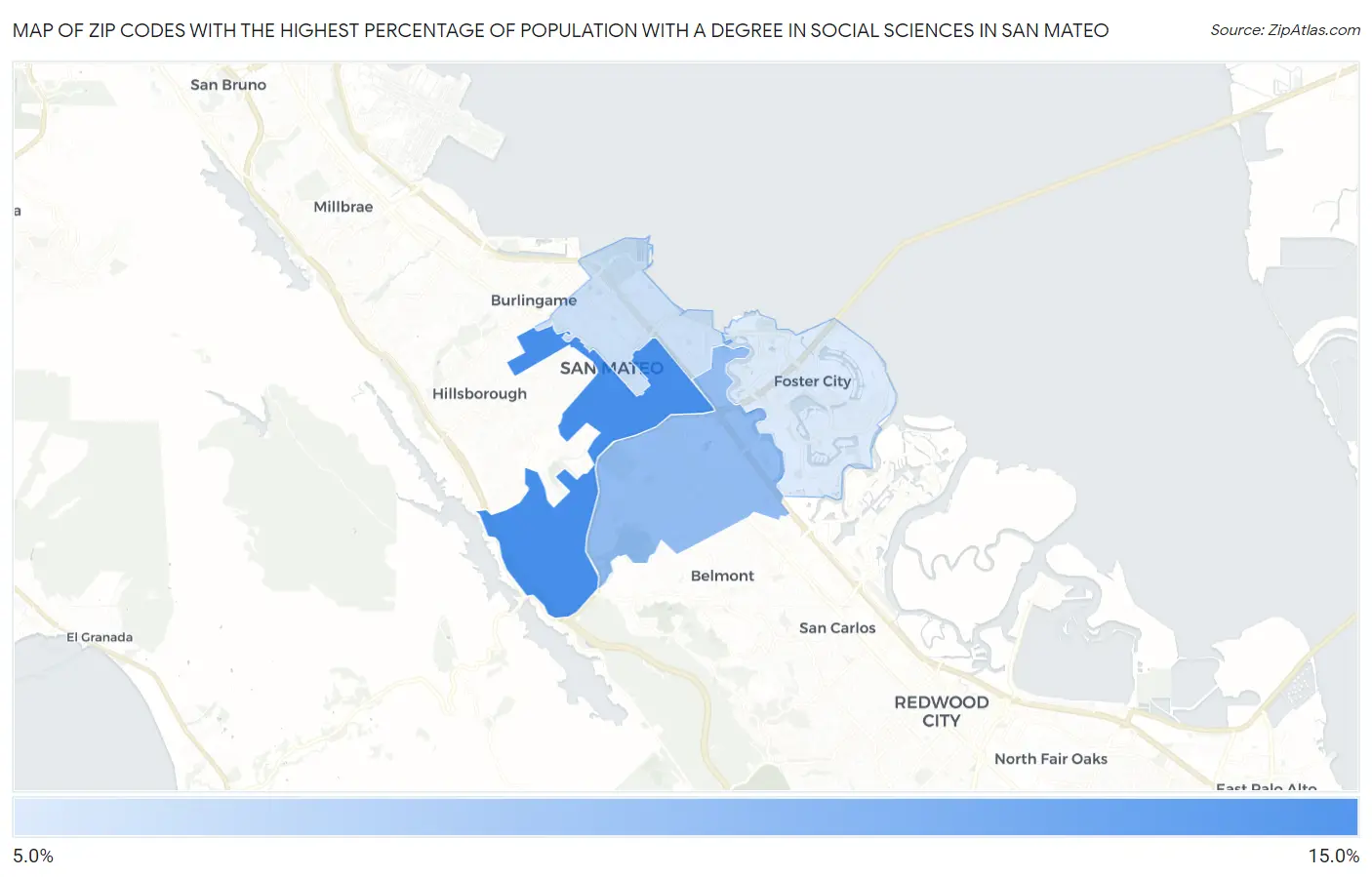 Zip Codes with the Highest Percentage of Population with a Degree in Social Sciences in San Mateo Map