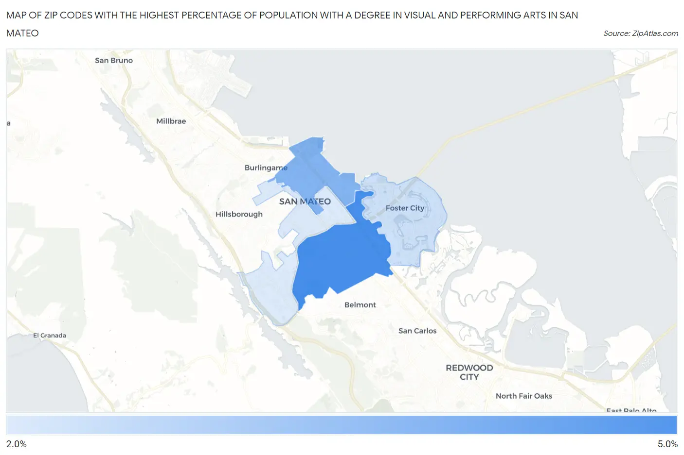 Zip Codes with the Highest Percentage of Population with a Degree in Visual and Performing Arts in San Mateo Map