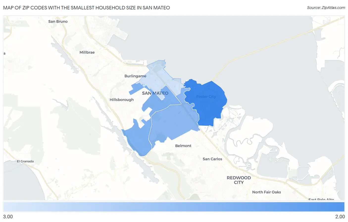 Zip Codes with the Smallest Household Size in San Mateo Map