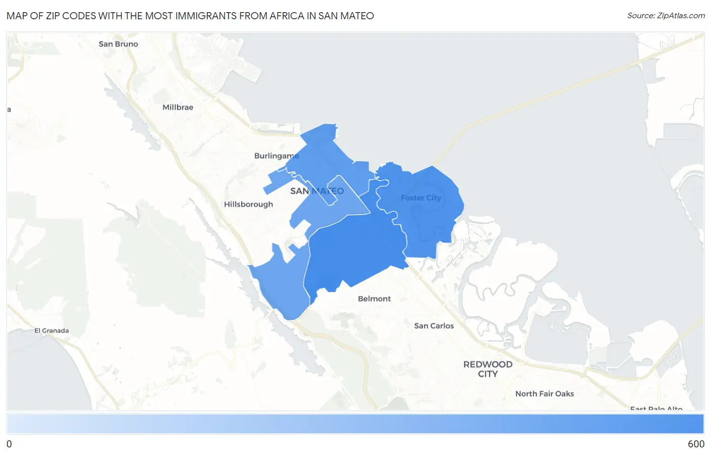 Zip Codes with the Most Immigrants from Africa in San Mateo Map