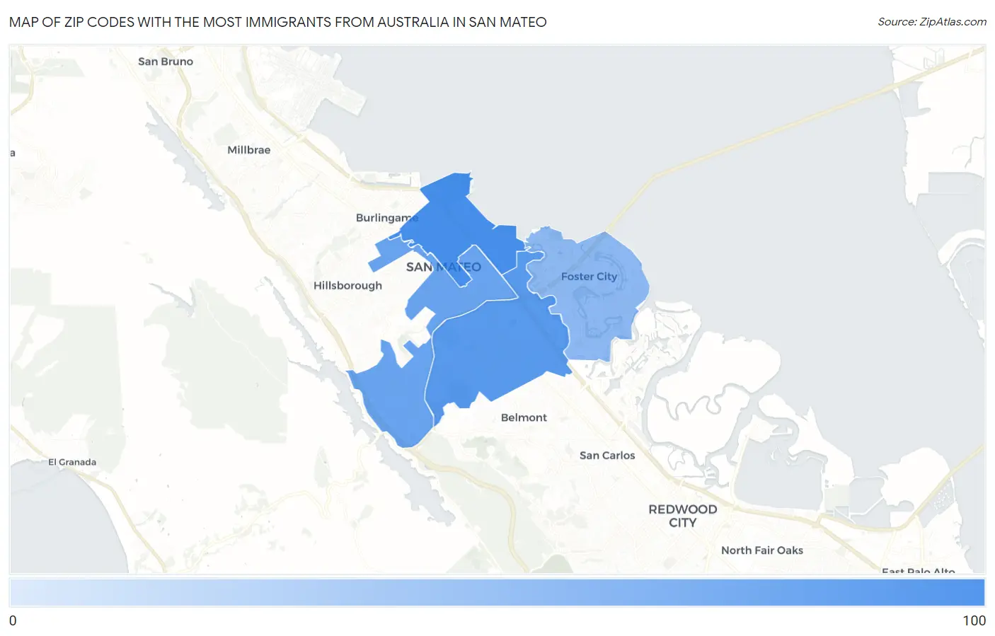 Zip Codes with the Most Immigrants from Australia in San Mateo Map