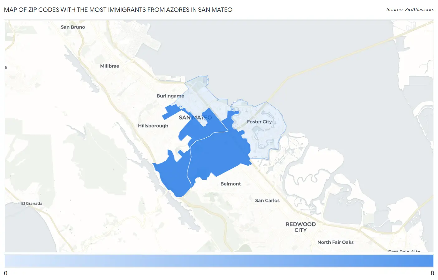 Zip Codes with the Most Immigrants from Azores in San Mateo Map