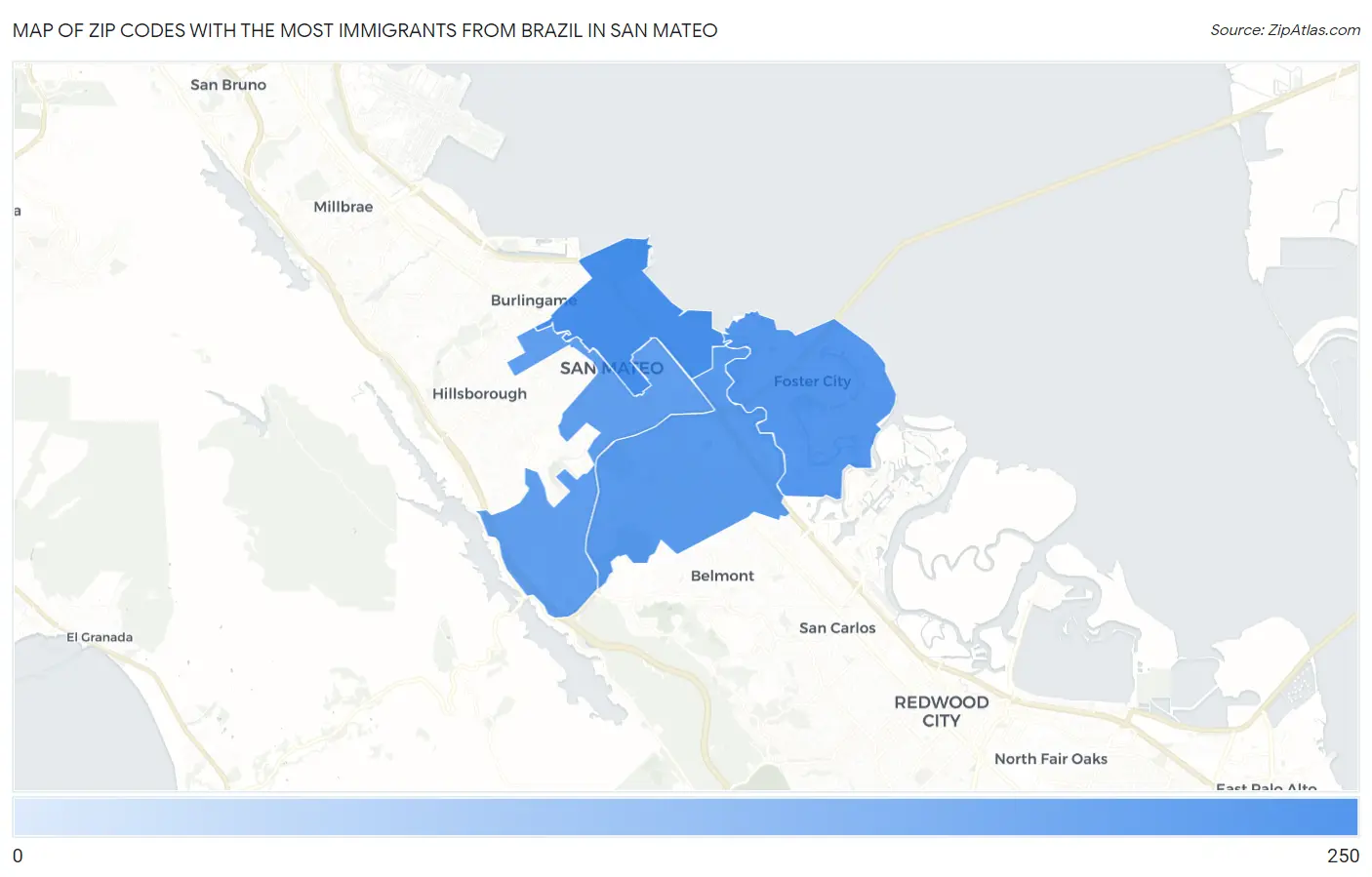 Zip Codes with the Most Immigrants from Brazil in San Mateo Map