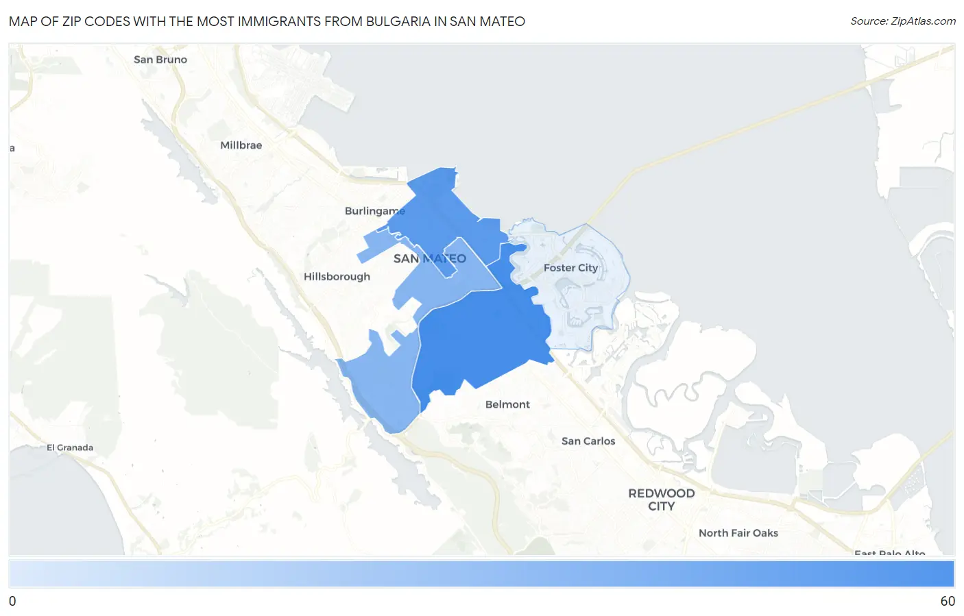 Zip Codes with the Most Immigrants from Bulgaria in San Mateo Map