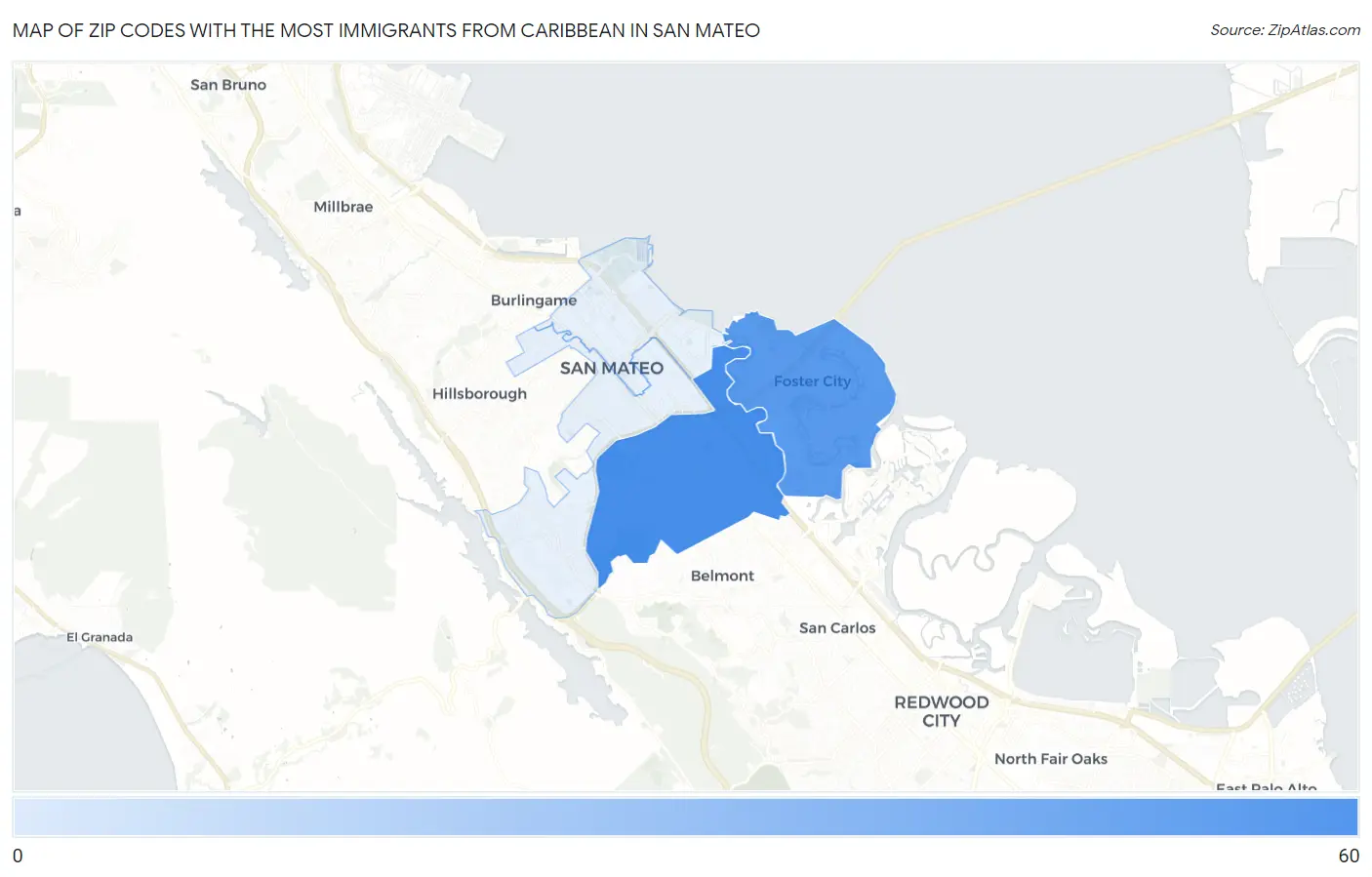Zip Codes with the Most Immigrants from Caribbean in San Mateo Map