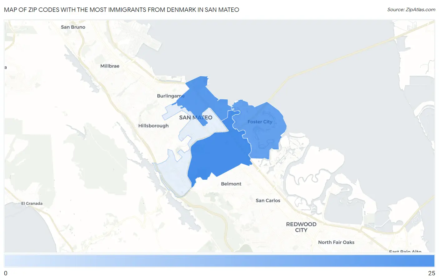 Zip Codes with the Most Immigrants from Denmark in San Mateo Map