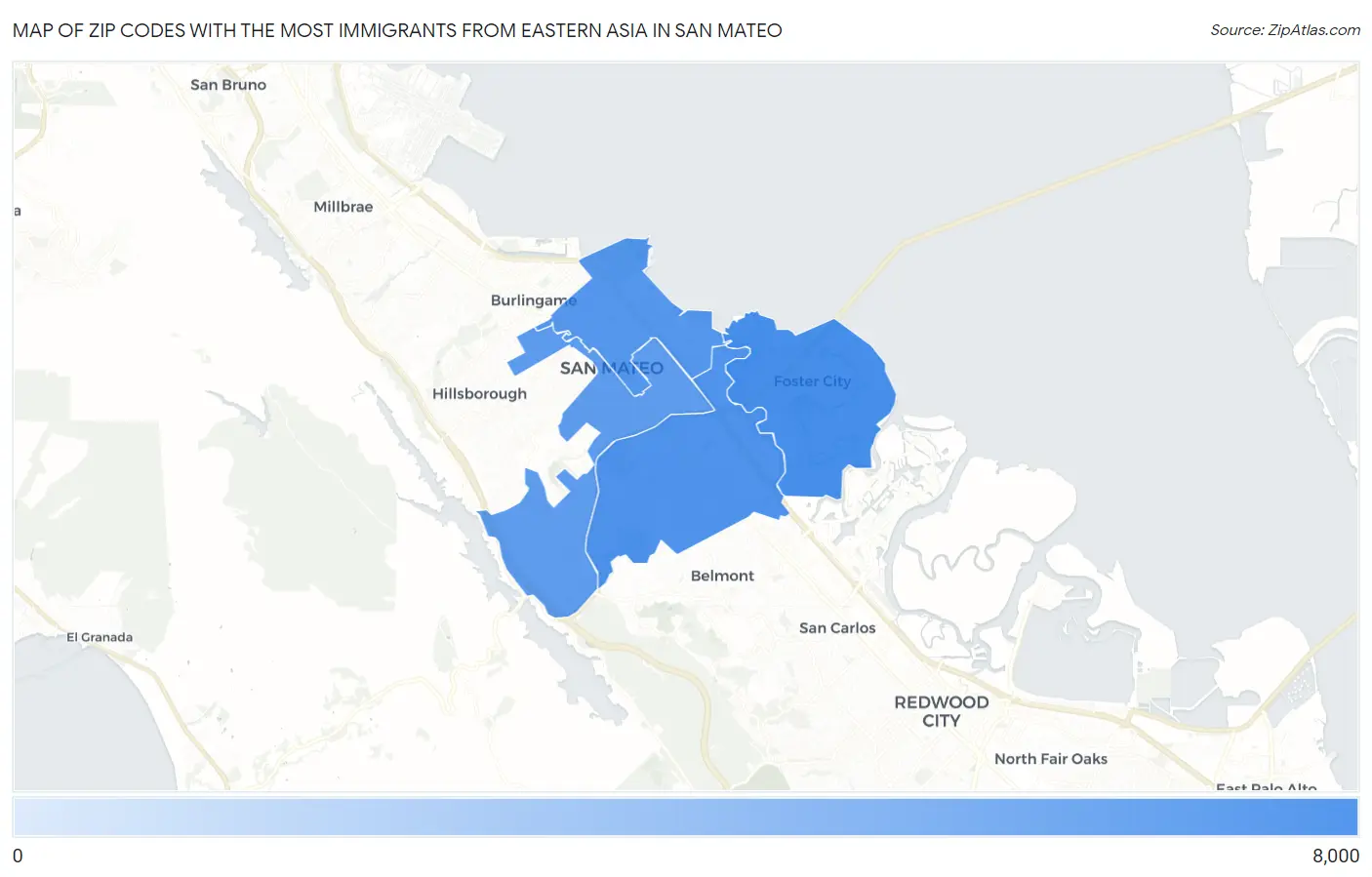 Zip Codes with the Most Immigrants from Eastern Asia in San Mateo Map