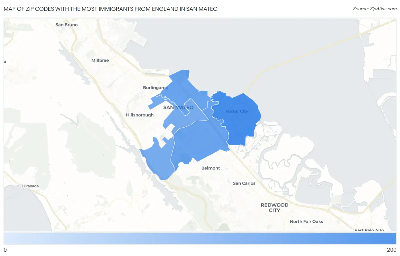 Zip Codes with the Most Immigrants from England in San Mateo Map