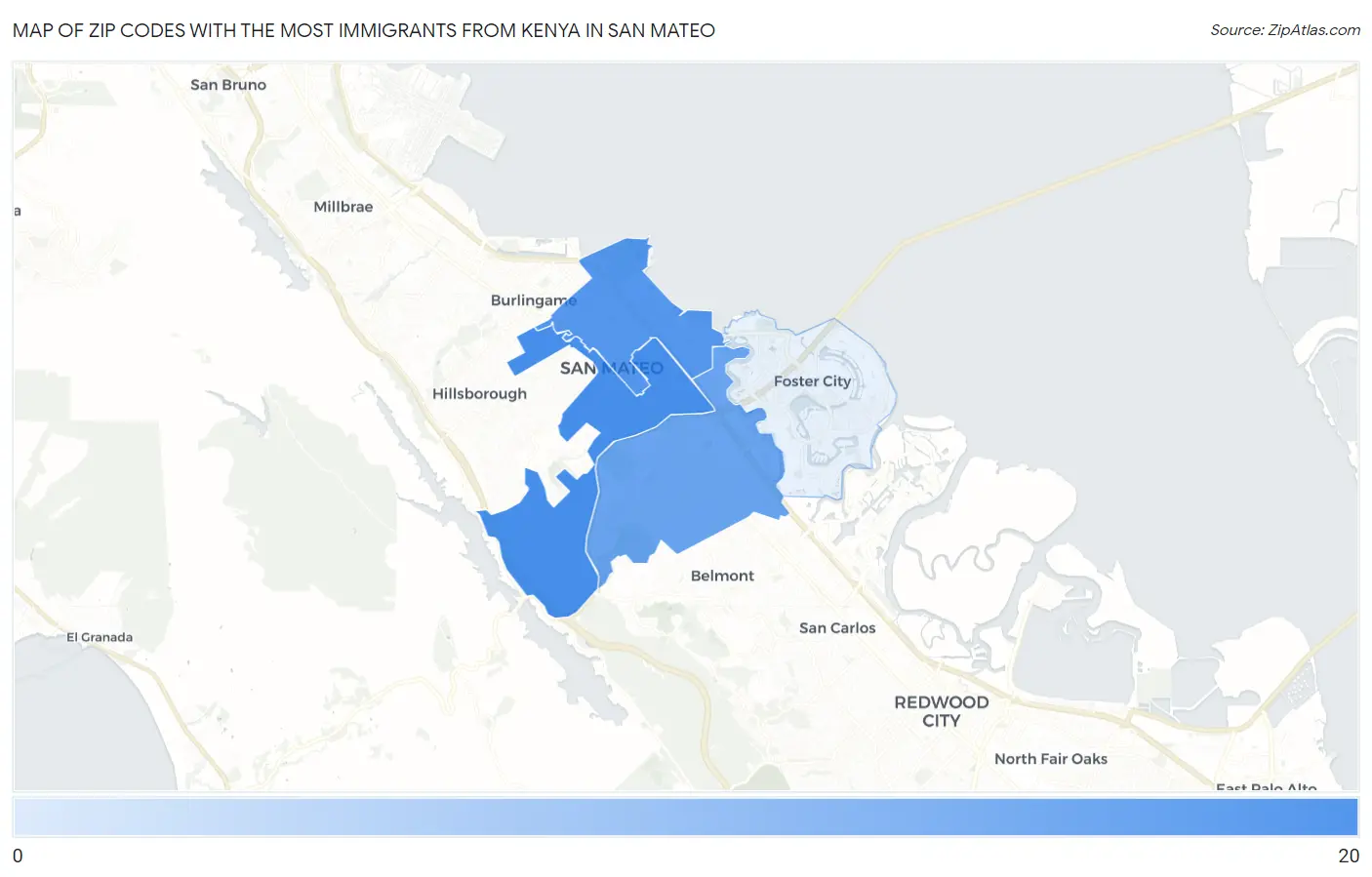 Zip Codes with the Most Immigrants from Kenya in San Mateo Map