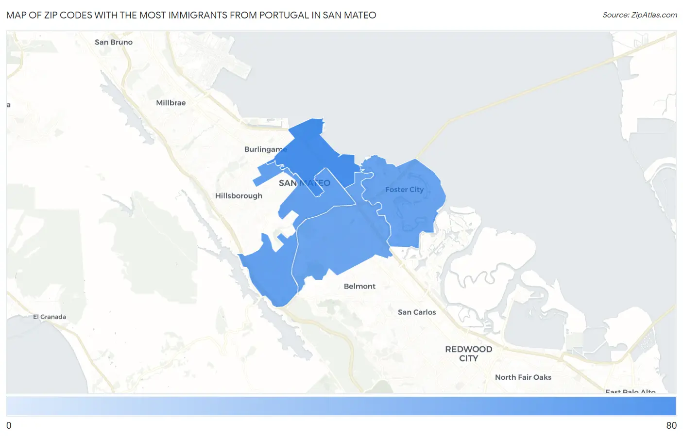 Zip Codes with the Most Immigrants from Portugal in San Mateo Map