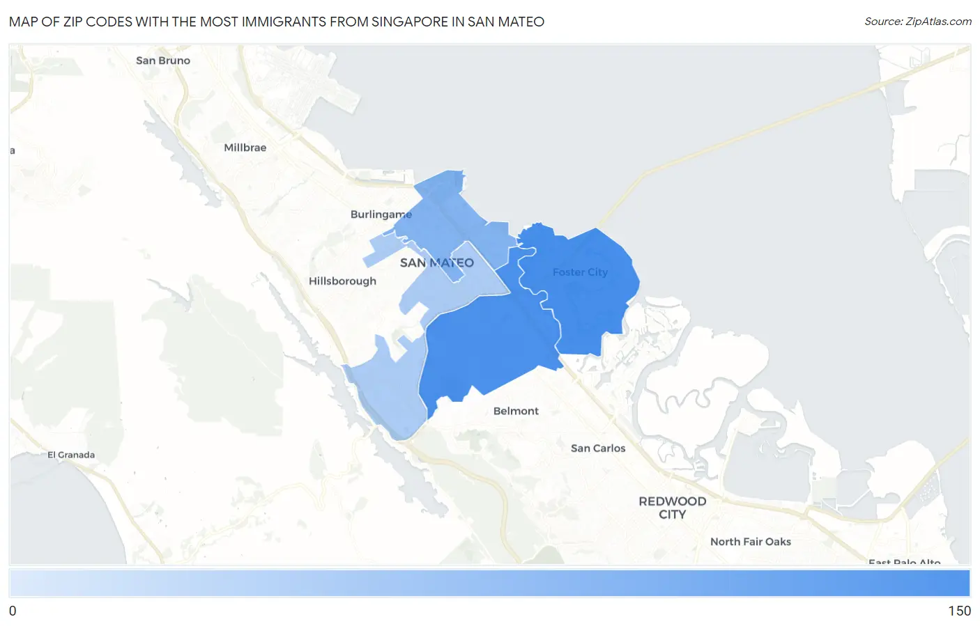 Zip Codes with the Most Immigrants from Singapore in San Mateo Map