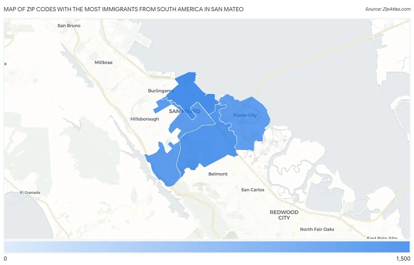 Zip Codes with the Most Immigrants from South America in San Mateo Map
