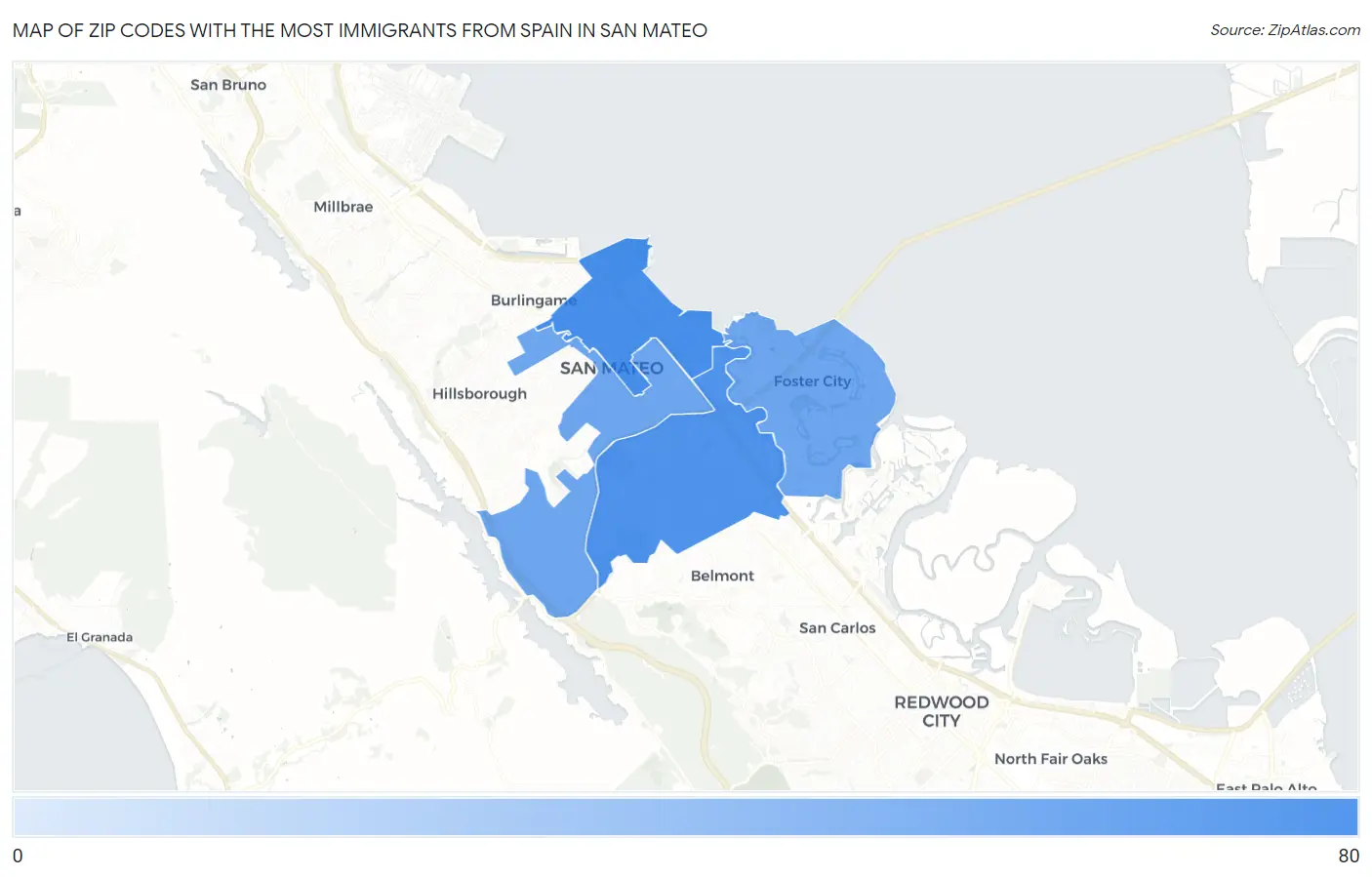 Zip Codes with the Most Immigrants from Spain in San Mateo Map