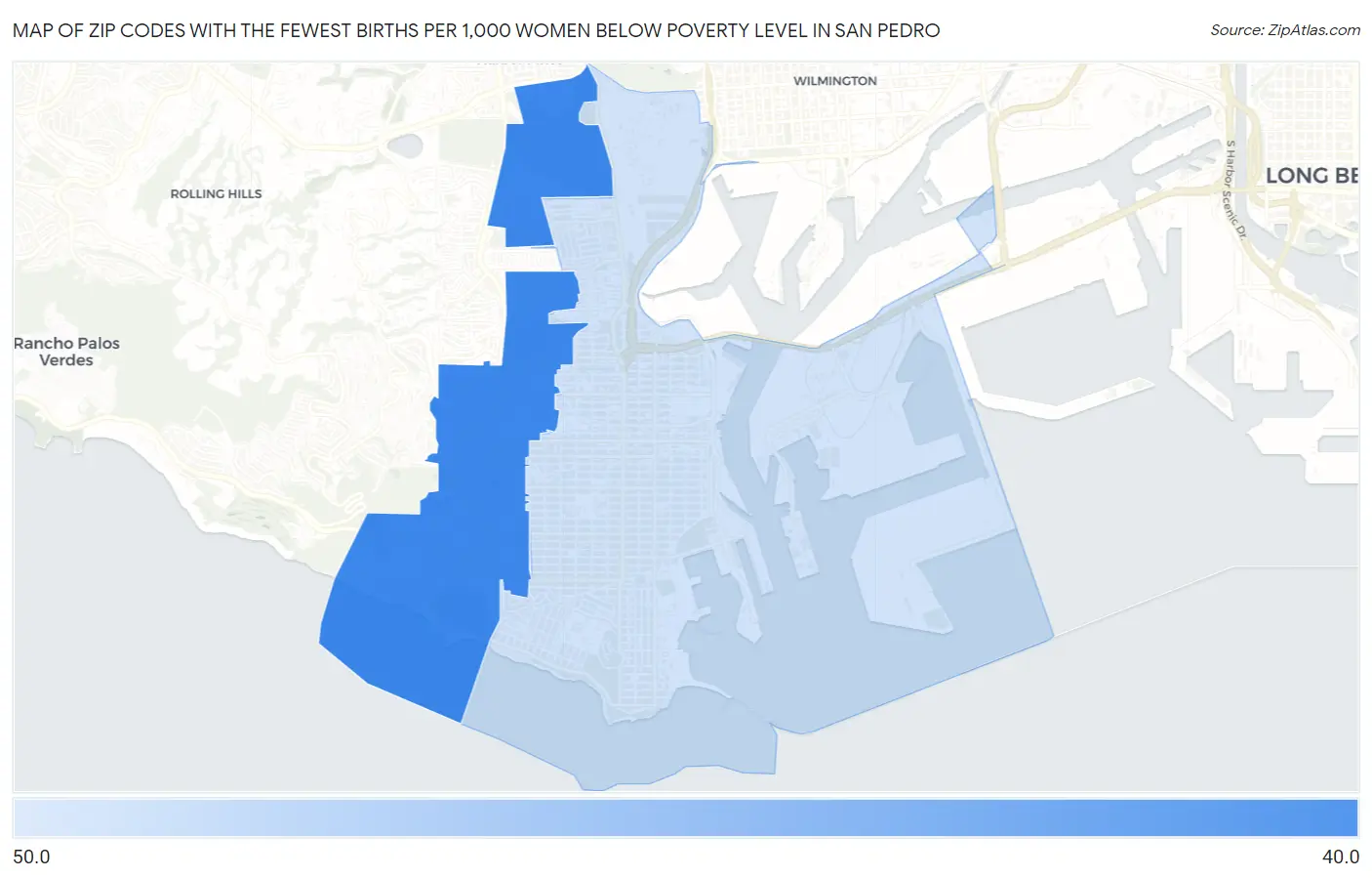Zip Codes with the Fewest Births per 1,000 Women Below Poverty Level in San Pedro Map