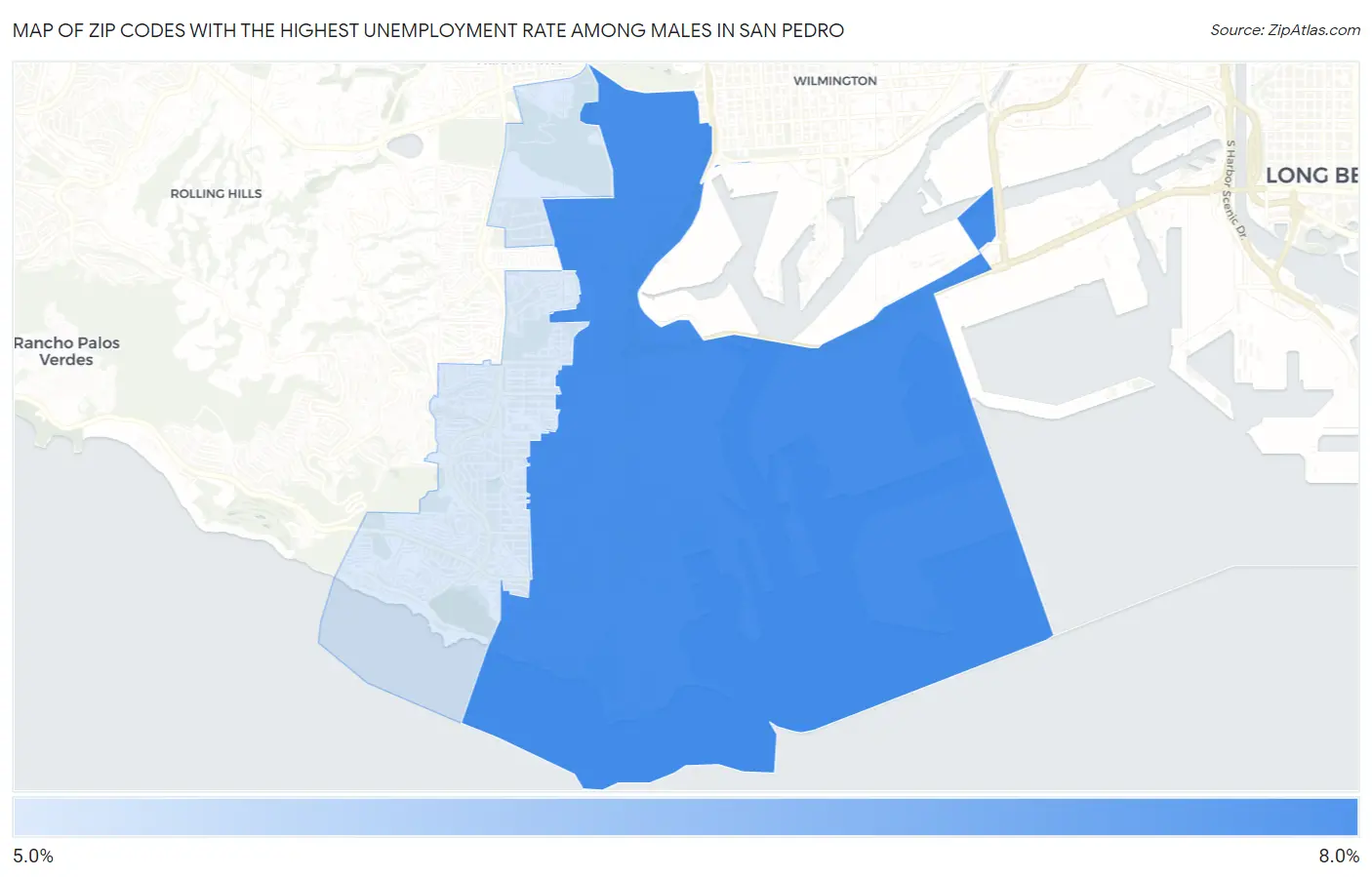 Zip Codes with the Highest Unemployment Rate Among Males in San Pedro Map