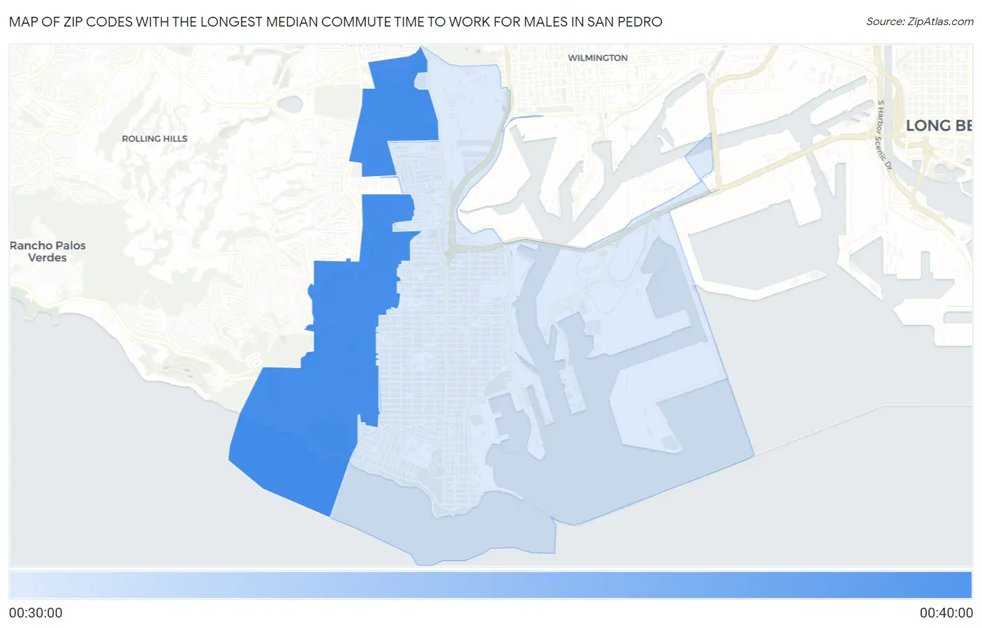Zip Codes with the Longest Median Commute Time to Work for Males in San Pedro Map