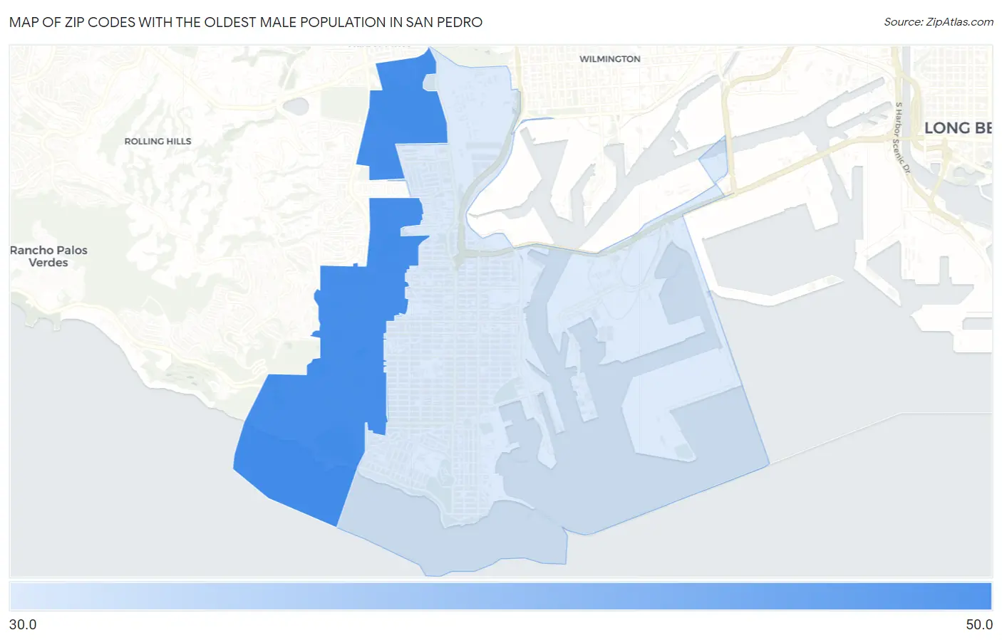 Zip Codes with the Oldest Male Population in San Pedro Map